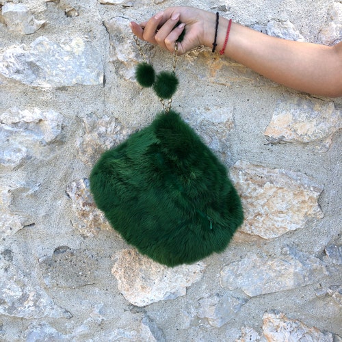 Handmuff Bag of Rabbit shops Fur Green Color