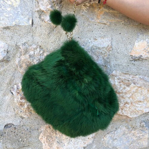 Handmuff Bag of Rabbit shops Fur Green Color