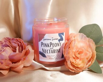 Pink Peony & Nectarine Scent/ Soy Candle with Wood Wick