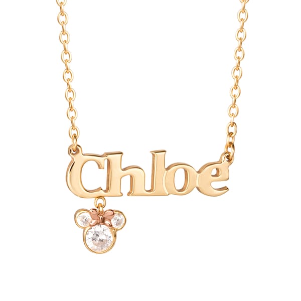 Disney Minnie Mouse Personalized Jewelry | Custom Name Necklace (14K Gold Over Sterling Silver - CZ) Official License 18”