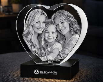 Corazón 3D grabado en cristal con foto / Retrato personalizado para mamá / Imagen grabada con láser / Recuerdo del Día de la Madre