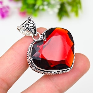 Heart Garnet Gemstone 925 Sterling Silver Pendant, Handmade Silver Jewelry, Garnet Designer Heart Shape Silver Pendant Gift For Anniversary