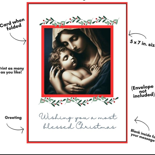 Classic Christian Madonna and Child Traditional Religious 5x7 Christmas Card Instant Download Printable