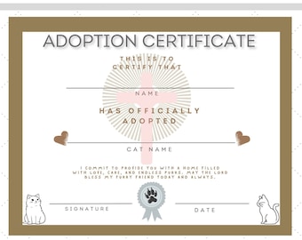 Christian Cat Adoption Certificate: Bronze, Pink, Silver (Digital Download)