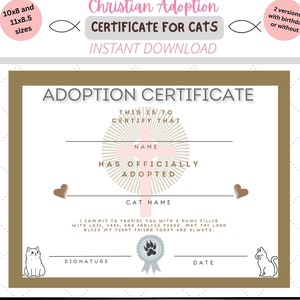 Christian Cat Adoption Certificate Printable Instant Download, With or Without Birthday, 10x8 and 11x8.5 Sizes