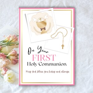 Catholic Girls First Holy Communion Card - 5x7 Portrait Orientation - Instant Download - Blank Inside for Your Message