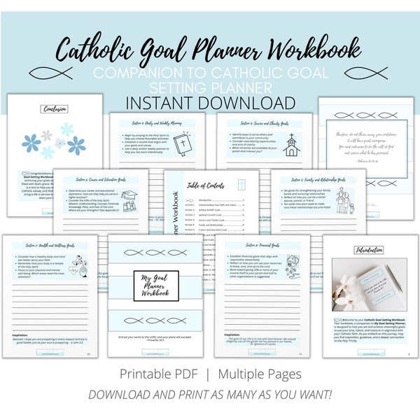 Catholic Goal Setting Printable Planner WORKBOOK,  8.5x11 - Achieve Your Dreams with Faith - Intentional Living - Instant Download