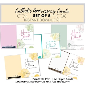 Tarjetas católicas de aniversario de 5x7 - Descarga instantánea - Juego de 5 imprimibles - Interior en blanco para personalizar
