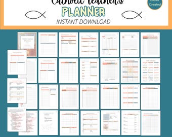 May include: A digital Catholic Teacher's Planner with a teal background. The planner includes 31 pages in US Letter size (8.5 x 11 inches). The title "Catholic Teacher's Planner" is displayed in black and green. The planner is an instant download.