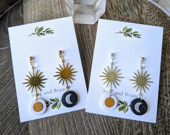 Celestial Sun and Moon Polymer Clay Gold Earrings | Crescent Moon Dangle Earrings | Solar Sun Glittery Earrings | Witchy Space Earrings