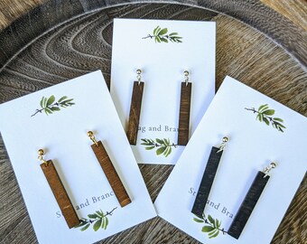 Simple Thin Wood Rectangle Dangle Earrings | Wooden Jewelry | Handmade Laser Cut Wooden Earrings | Thin Rectangle Geometric Earrings |