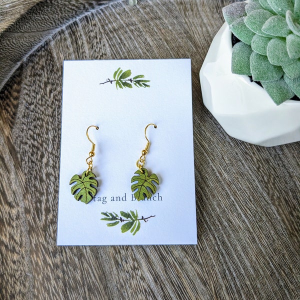 Mini Monstera Leaf Dangle Earrings | Leaf Plant Cottagecore Jewelry | Plant Parent Earrings | Monstera Deliciosa Earrings | Plant Earrings