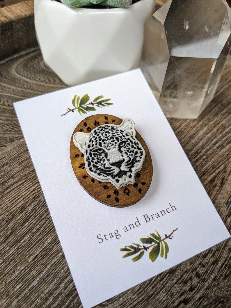 Snow Leopard Head Animal Guardian Polymer Clay and Wood Pin Magical Animal Snow Leopard Pin Handmade Wood and Clay Leopard Pin image 3