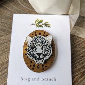 Snow Leopard Head Animal Guardian Polymer Clay and Wood Pin Magical Animal Snow Leopard Pin Handmade Wood and Clay Leopard Pin image 5