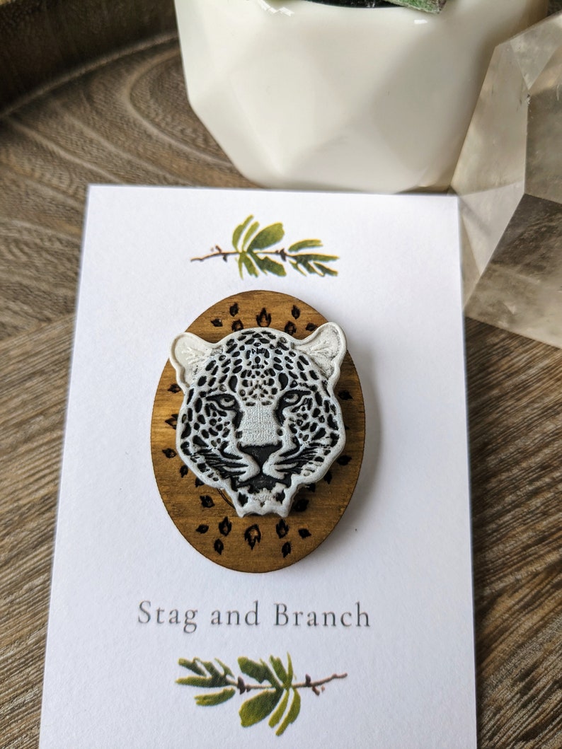 Snow Leopard Head Animal Guardian Polymer Clay and Wood Pin Magical Animal Snow Leopard Pin Handmade Wood and Clay Leopard Pin image 5