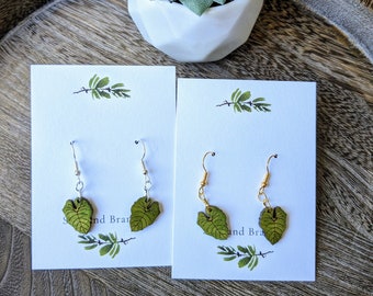 Mini Philodendron Leaf Dangle Earrings | Handmade Wooden Leaf Jewelry | Plant Lover Plant Mom Earrings | Nickel-Free | Nature Earrings