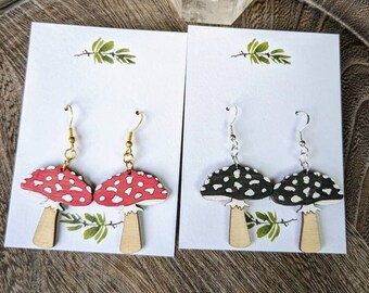 Wood Mushroom Dangle Earrings | Handmade Wooden Lightweight Nickel-free Jewelry | Cottagecore Witchy Earrings | Cute Toadstool Earrings