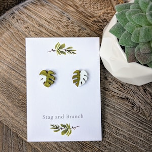 May include: A pair of white and green monstera leaf earrings on a white card with the text "Stag and Branch".