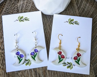 Floral Crescent Moon Earrings | Scarlet Tulip Earrings | Violet Tulip Earrings | Flower and Moon Earrings | Pearl Floral Celestial Earrings