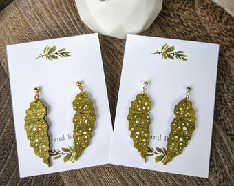 Begonia Maculata Leaf Wood Earring | Wooden Leaf Dangle Earrings | Plant Lover Jewelry | Lightweight Green With White Spots Wood Leaves