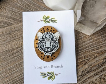 Snow Leopard Head Animal Guardian Polymer Clay and Wood Pin | Magical Animal Snow Leopard Pin | Handmade Wood and Clay Leopard Pin