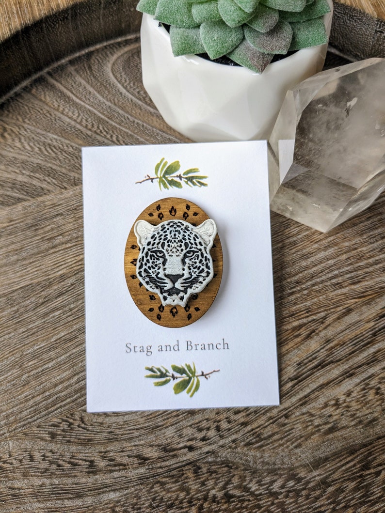 Snow Leopard Head Animal Guardian Polymer Clay and Wood Pin Magical Animal Snow Leopard Pin Handmade Wood and Clay Leopard Pin image 1