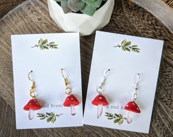 Crystal Red Top Mushroom | Clear Quartz Mushroom Dangle Handmade Clay Earrings | Witchy Spiritual Cottage core Jewelry | Gifts For Her