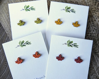 Maple Leaf Earrings | Laser Cut Wood Stud Earrings, Gift for Nature Lover, Cute Plant Earrings, Witchy Earrings