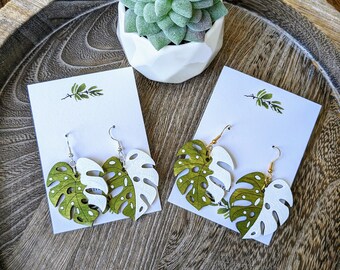 Variegated Monstera Wood Dangle Earrings | Handmade Nickel-Free Light Weight Wooden Leaf Earrings | Monstera Deliciosa Jewelry Plant Lovers