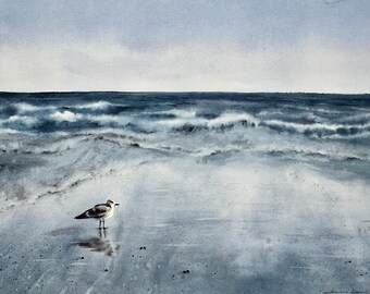 Original Hand-Painted Watercolor Painting ‘Ocean and Seagull’ - Aquarelle Painting - Home Decor - Wall Decor - Idea for Gift