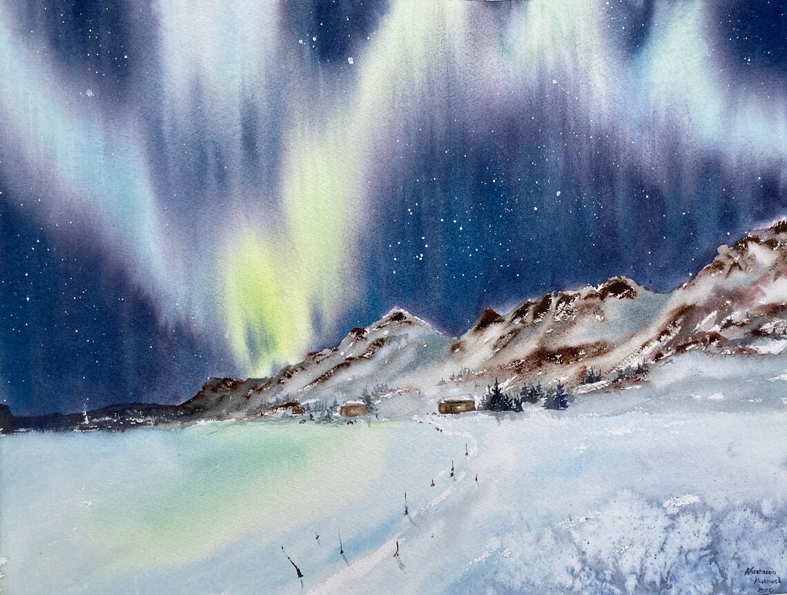 Hand Painted Watercolor Painting Northern Lights Aquarelle Etsy