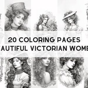 20 Victorian Women Coloring Pages | Printable Adult Coloring Pages | Download Grayscale Illustrations| Grayscale Art