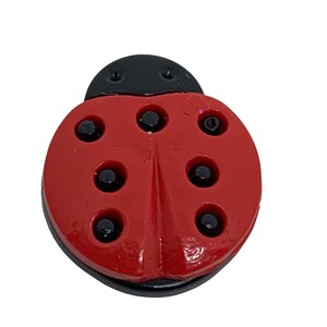 May include: A red ladybug with black spots and a black head. The ladybug is a plastic charm or button.