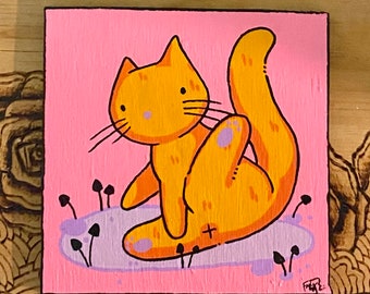 Funny Orange Cat Painting on Wood