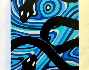 Snake with Blue Design Painting on Wood