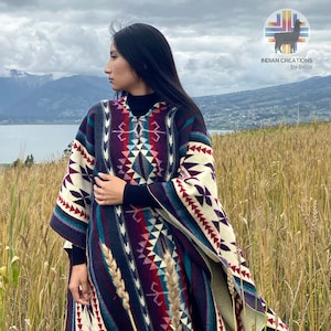 Handmade Alpaca Poncho (Purple & Blue).  EXCLUSIVE DESIGN! Created by Indigenous Hands. FREE Shipping! San Valentine Gift Ideas