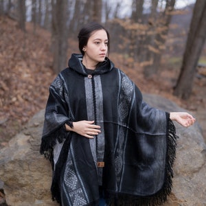 BABY ALPACA PONCHO. Black Geometric Patterns created by Indigenous Crafters. Light weight but ultra-soft Cape. Free Shipping! Gift Ideas