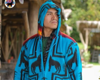 Alpaca Wool Jacket. (Blue Wolf Spirit) Handcrafted by Indigenous Hands. Super warm and soft. Gift Ideas.