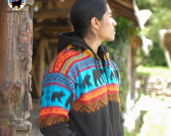 Alpaca Wool Jacket (Bear in the Sunset) Handcrafted by Indigenous Hands. Super warm and soft. Machine Washable! FREE SHIPPING! Gift Ideas.