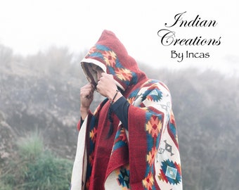 Unisex Alpaca Wool Poncho (Red Sky) EXCLUSIVE DESIGN! Crafted by Indigenous Hands. One size, Hooded poncho.