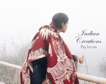 Poncho fait main en laine d'alpaga. Magnifiquement conçu avec des lamas. Poncho à capuche. Usage unisexe. Lavable en machine. Idées cadeaux
