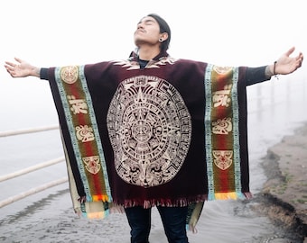 Aztec Calendar III Alpaca Poncho. Handcrafted by Indigenous Hands. Soft and warm with hood. One size and Unisex use.Mother's Day Gift Ideas