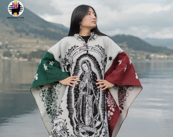 Big Sample Sale! Handmade Alpaca Wool Poncho (Lady of Guadalupe Mexican Flag)