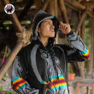 Alpaca Wool Jacket (Wolf Spirit) Handcrafted by Indigenous Hands. Super warm and soft. Machine Washable! FREE SHIPPING! Gift Ideas.