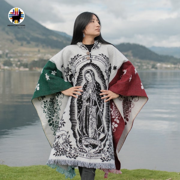 Unisex Alpaca Poncho. (Lady of Guadalupe Mexican Flag) EXCLUSIVELY HANDCRAFTED by Indigenous Hands!