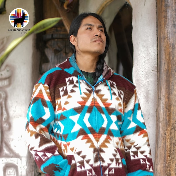 Alpaca Jacket (Aqua Buffalo) Handcrafted by Indigenous Hands.  Super warm and soft. Machine Washable!