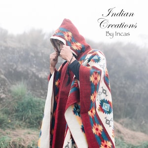 Unisex Alpaca Wool Poncho (Red Sky) EXCLUSIVE DESIGN! Crafted by Indigenous Hands. One size, Hooded poncho.