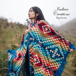 Geometric Southwestern Style Alpaca Cape. Very soft and warm with a hood. Handmade by Indigenous Hands. Gift Ideas. Free Shipping!