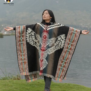 Unisex Alpaca Poncho. (Beige Native Owl) EXCLUSIVELY HANDCRAFTED by Indigenous Hands!