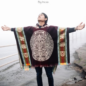 Aztec Calendar III Alpaca Poncho. Handcrafted by Indigenous Hands. Soft and warm with hood. One size and Unisex. FREE SHIPPING! Gift Ideas